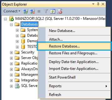 Restore Database option