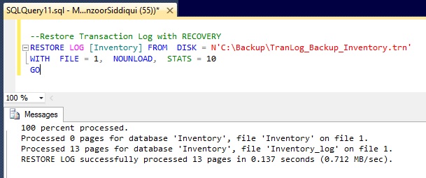 Restore Log WITH RECOVERY